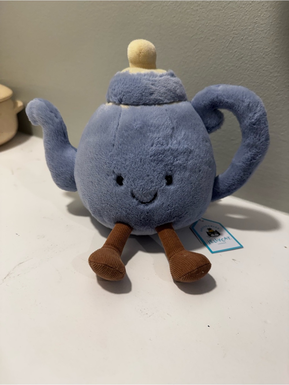 Jellycat Blue Plush Teapot with Brown Corduroy Legs